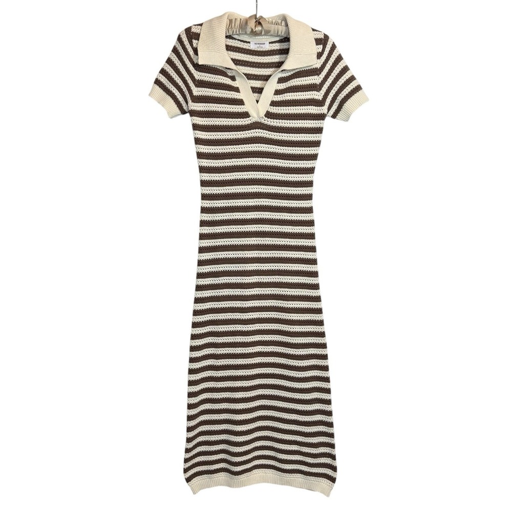 The‎ Workshop Crocheted Midi Dress S Brown Striped Collared Retro Cotton Knit - Picture 2 of 9